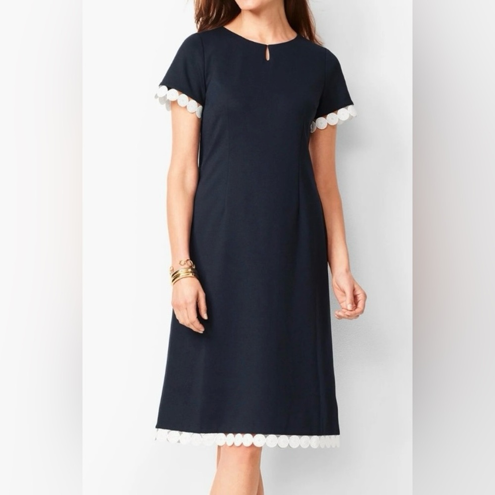NWOT Talbots Navy Sheath dress with lace trim at sleeve and bottom, 16WP, 40”